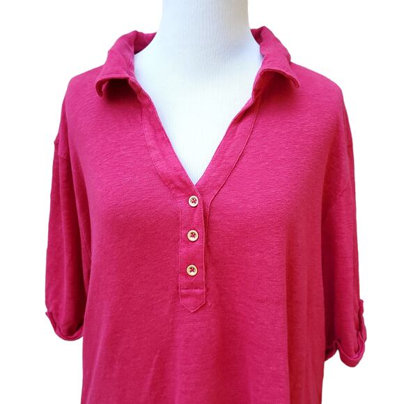 Chico's Sz 4 Pink Linen Collared Polo Shirt Top Short Sleeve Snap Closure Sz XXL - Picture 2 of 10